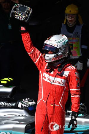 Race winner Sebastian Vettel, Ferrari SF70H celebrates in parc ferme