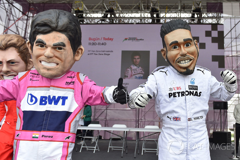 Driver caricatures of Sergio Perez, Force India, Lewis Hamilton, Mercedes-AMG F1