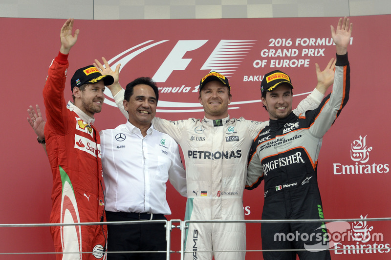 The podium (L to R): Sebastian Vettel, Ferrari, second; Nico Rosberg, Mercedes AMG F1, race winner; Sergio Perez, Sahara Force India F1, third