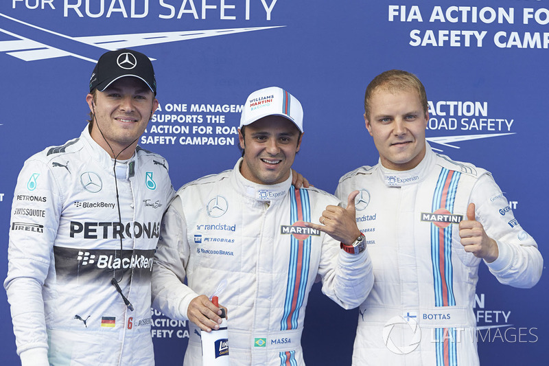 Polesitter Felipe Massa, Williams F1, second place Valtteri Bottas, Williams F1, and third place Nico Rosberg, Mercedes AMG