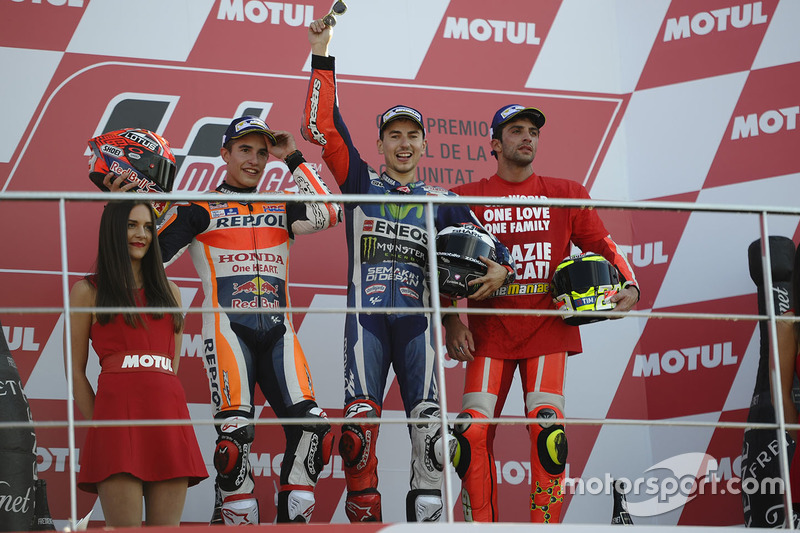 Podium: race winner Jorge Lorenzo, Yamaha Factory Racing, second place Marc Marquez, Repsol Honda Te