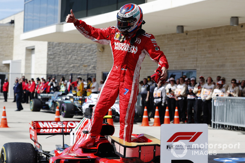 Kimi Raikkonen, Ferrari SF71H, celebrates in Parc Ferme after winning the race