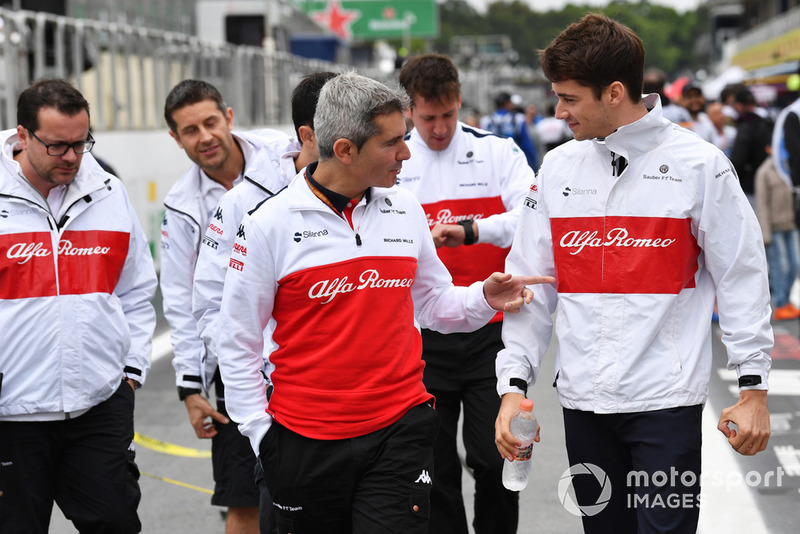 Charles Leclerc, Sauber walks the track with Xevi Pujolar, Sauber Head of Track Engineering