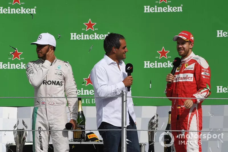 Podio: Lewis Hamilton, Mercedes AMG F1, Sebastian Vettel, Ferrari y Juan Pablo Montoya