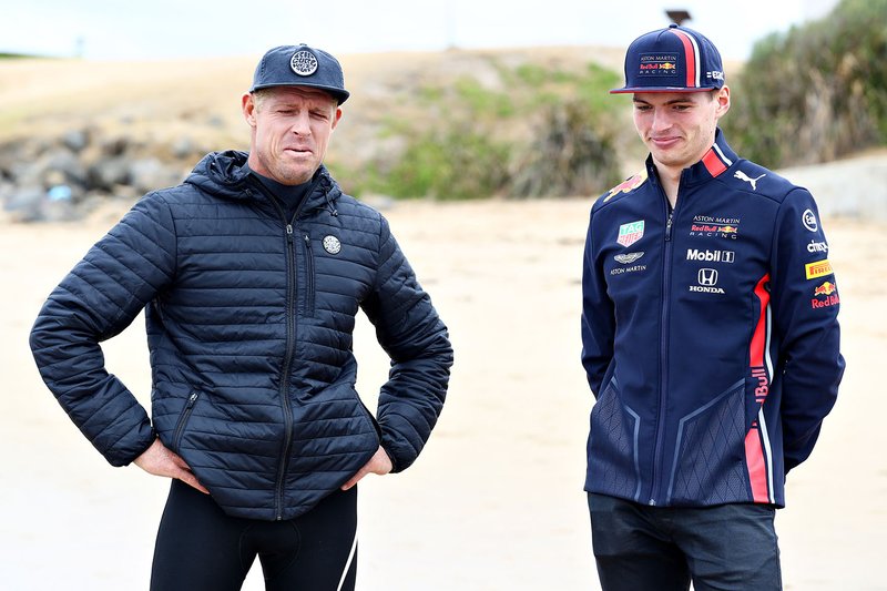 Max Verstappen, Red Bull Racing talks with surf legend Mick Fanning