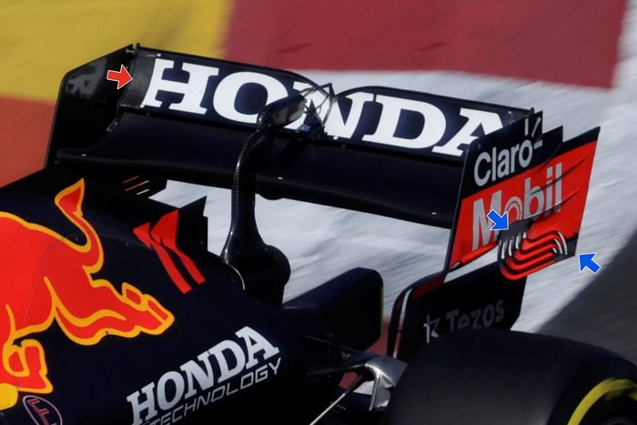 Detalle del alerón trasero de Sergio Pérez, Red Bull Racing RB16B