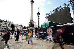 A Banner for Lewis Hamilton, Mercedes AMG F1, on the barrier surrounding Nelsons Column