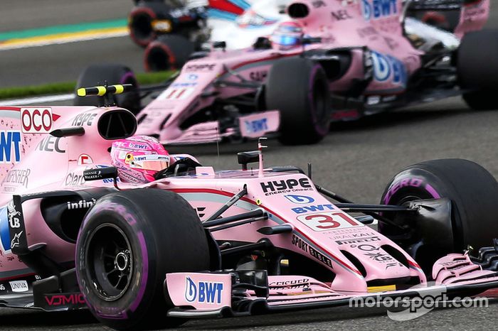 Esteban Ocon, Sahara Force India VJM10 y Sergio Pérez, Sahara Force India VJM10