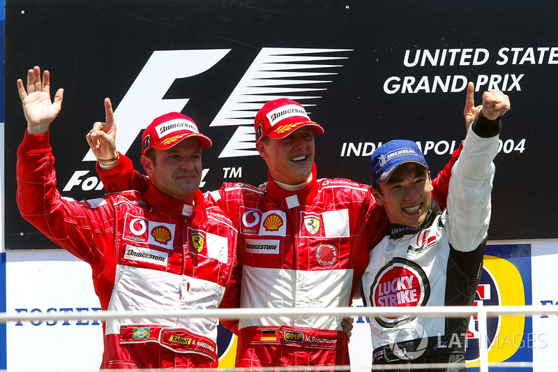 Podium: second place Rubens Barrichello. Ferrari, Race winner Michael Schumacher, Ferrari, third place Takuma Sato, BAR