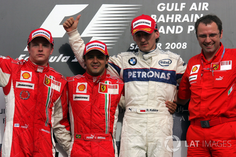 Podium: second place Kimi Raikkonen, Ferrari, Race winner Felipe Massa, Ferrari, third place Robert Kubica, BMW Sauber F1 and Stefano Domenicali, Ferrari Manager of F1 Operations 