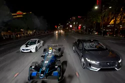 Sam Bird, DS Virgin Racing, leads Mitch Evans, Jaguar Racing in a I-Pace SUV concept car. Antonio Felix da Costa, Amlin Andretti Formula E Team, drives a BMW i8