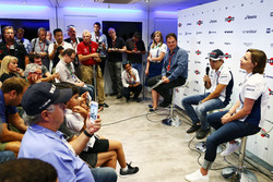 (L to R): James Allen, with Felipe Massa, Williams and Claire Williams, Williams Deputy Team Principal. Felipe announces his retirement from F1 at the end of the season