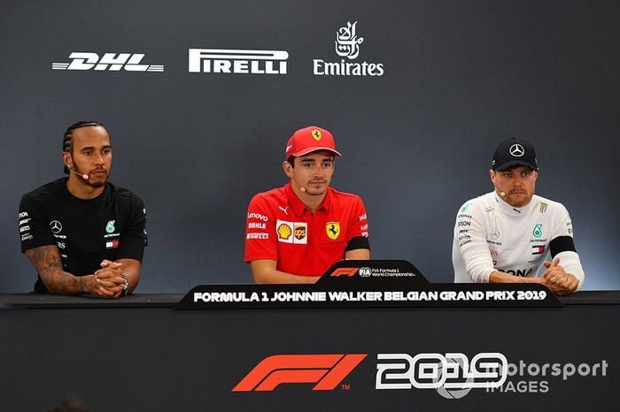 Conferenza stampa: il vincitore della gara Charles Leclerc, Ferrari, secondo classificato Lewis Hamilton, Mercedes AMG F1, terzo classificato Valtteri Bottas, Mercedes AMG F1