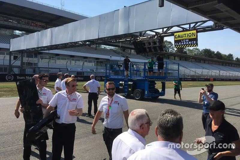 Broken German GP start lights after a bus crashed into them