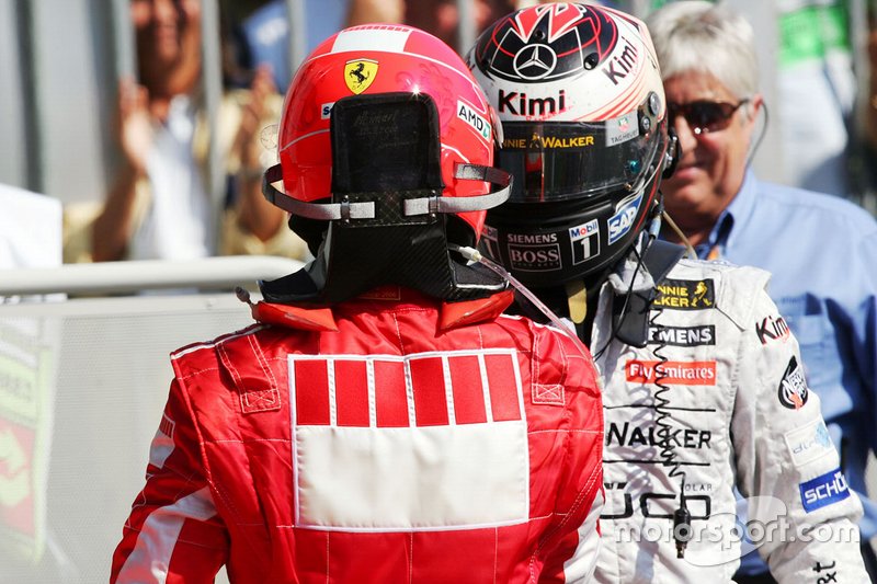 Michael Schumacher, Ferrari and Kimi Raikkonen, McLaren in Parc ferme