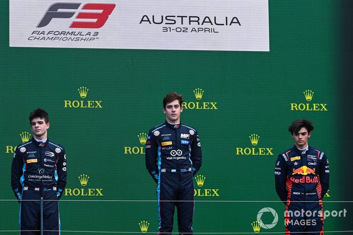 Zak O'Sullivan, Prema Racing, Franco Colapinto, MP Motorsport y Sebastian Montoya, Hitech Pulse-Eight en el podio