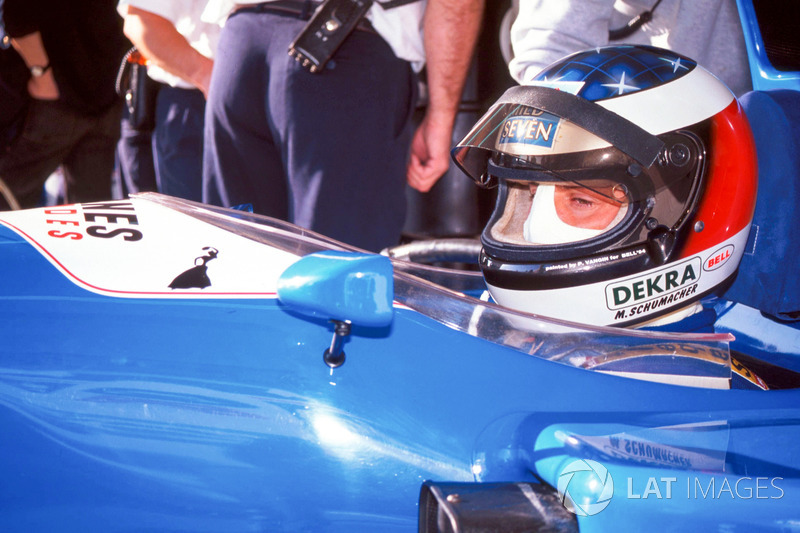 Michael Schumacher tests the Ligier JS39B Renault to evaluate the Renault V10 engine