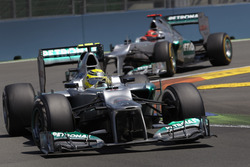 Nico Rosberg, Mercedes F1 W03, leads Michael Schumacher, Mercedes F1 W03