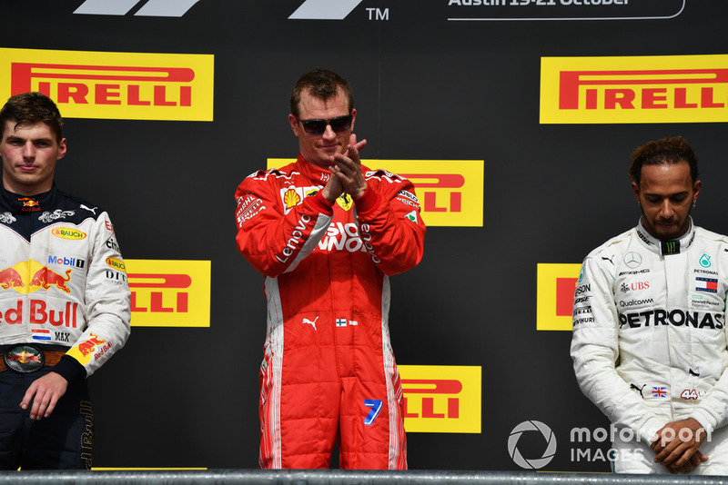Podio: segundo lugar Max Verstappen, Red Bull Racing, ganador de la carrera Kimi Raikkonen, Ferrari y tercer lugar Lewis Hamilton, Mercedes AMG F1