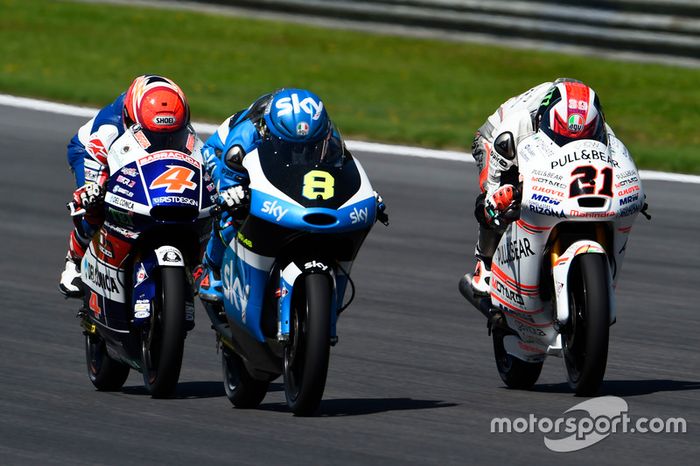 Nicolo Bulega, SKY Racing Team VR46, KTM; Francesco Bagnaia, Aspar Team Mahindra, Mahindra; Fabio Di Giannantonio, Gresini Racing Moto3, Honda