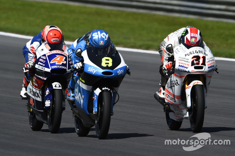 Nicolo Bulega, SKY Racing Team VR46, KTM; Francesco Bagnaia, Aspar Team Mahindra, Mahindra; Fabio Di Giannantonio, Gresini Racing Moto3, Honda