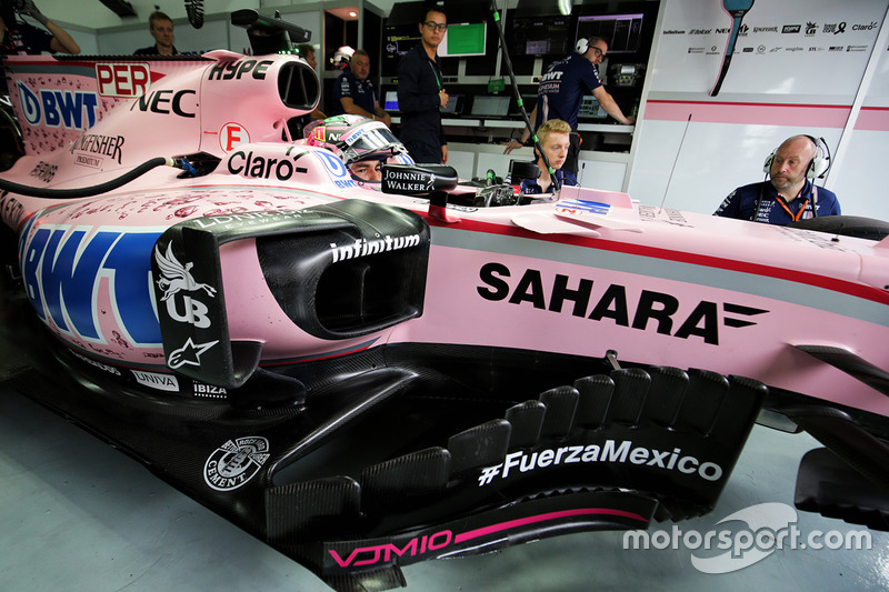 Sergio Perez, Sahara Force India F1 VJM10 with a message for Mexico earthquake victims