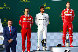 Podium: race winner Sebastian Vettel, Ferrari, second place Lewis Hamilton, Mercedes AMG, and Luigi Fraboni, Head of Power Unit Race Operation, Ferrari