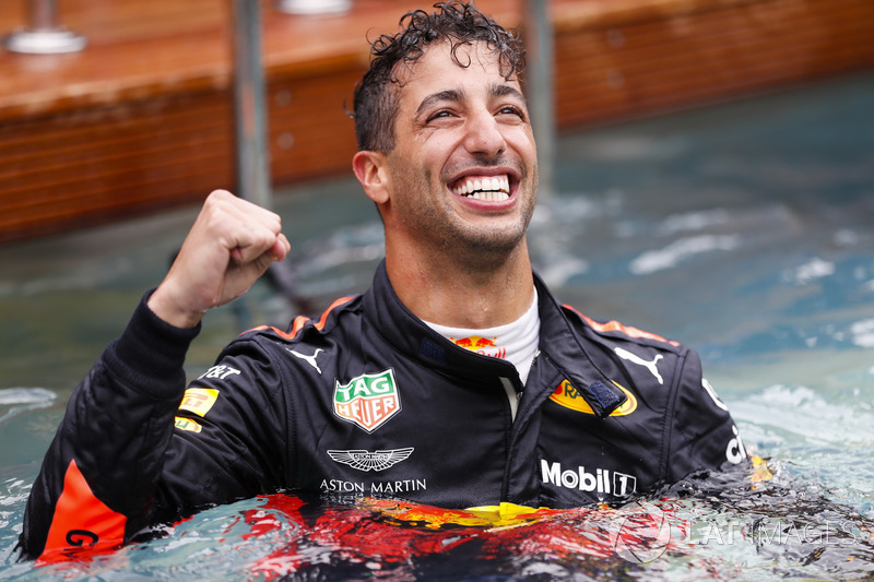 Daniel Ricciardo, Red Bull Racing, celebrates victory in the swimming pool on the Red Bull Energy Station