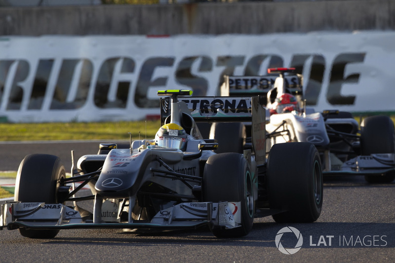 Nico Rosberg, Mercedes GP W01, leads Michael Schumacher, Mercedes GP W01