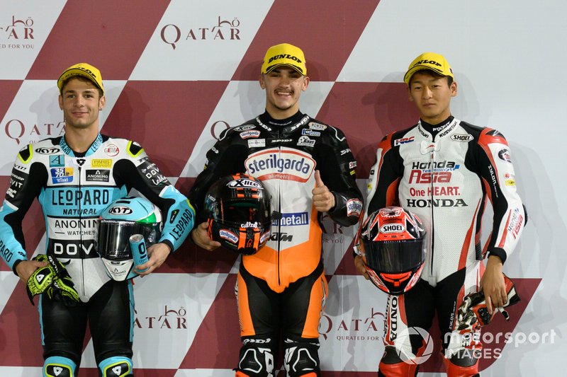 Top 3 después de la calificación Lorenzo Dalla Porta, Leopard Racing, Aron Canet, Max Racing Team, Kaito Toba, Honda Team Asia