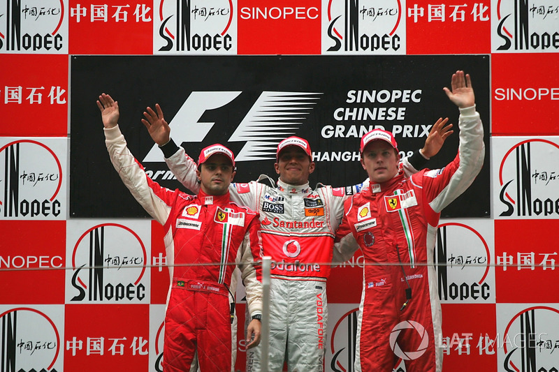 Podium: second place Felipe Massa, Ferrari, Race winner Lewis Hamilton, McLaren, third place Kimi Ra