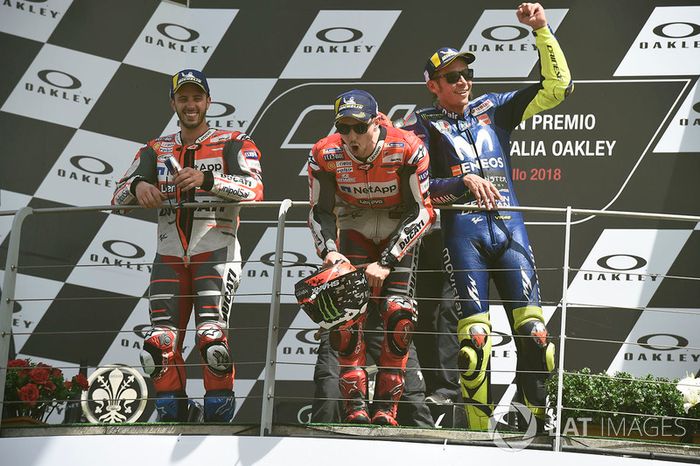 Podium: race winner Jorge Lorenzo, Ducati Team, second place Andrea Dovizioso, Ducati Team, third place Valentino Rossi, Yamaha Factory Racing