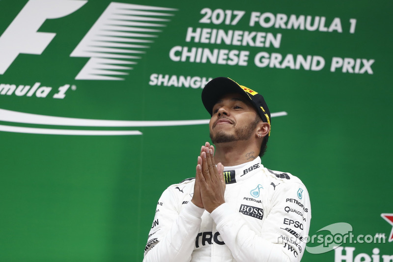 Lewis Hamilton, Mercedes AMG, 1st Position, celebrates on the podium