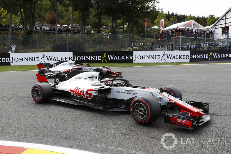 Romain Grosjean, Haas F1 Team VF-18, leads Kevin Magnussen, Haas F1 Team VF-18