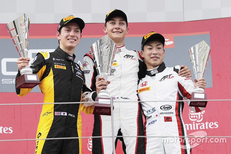 Podium : le vainqueur George Russell, ART Grand Prix, le deuxième Jack Aitken, ART Grand Prix, le troisième Nirei Fukuzumi, ART Grand Prix