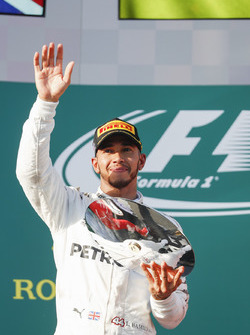 Lewis Hamilton, Mercedes AMG, 2nd Position, with his trophy
