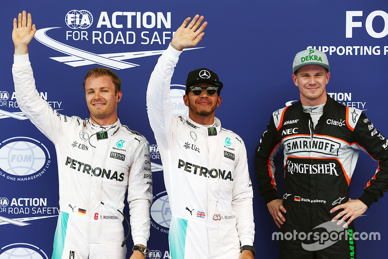 Polesitter Lewis Hamilton, Mercedes AMG F1 Team, second place Nico Rosberg, Mercedes AMG F1 Team, third place Nico Hulkenberg, Sahara Force India