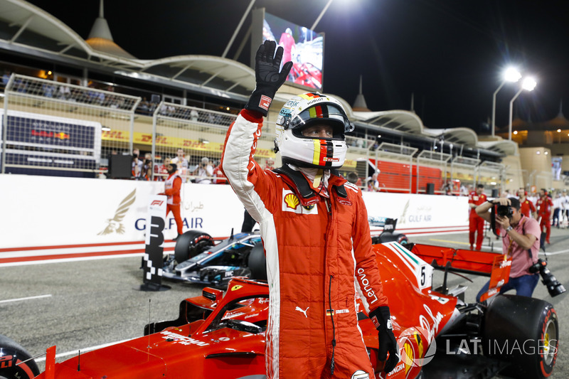 Sebastian Vettel, Ferrari, celebrates pole after Qualifying