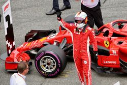 Pole sitter Sebastian Vettel, Ferrari celebrates in parc ferme