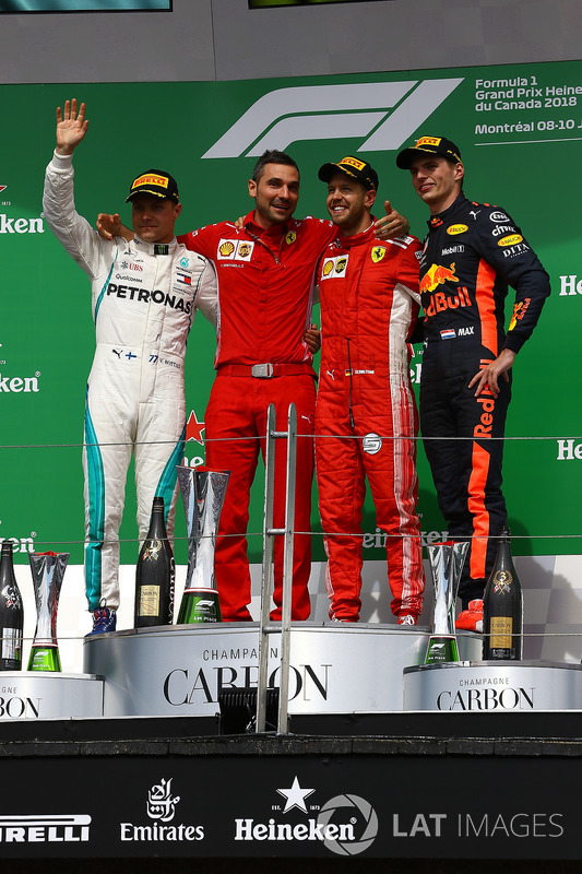 Valtteri Bottas, Mercedes-AMG F1, Sebastian Vettel, Ferrari and Max Verstappen, Red Bull Racing celebrate on the podium