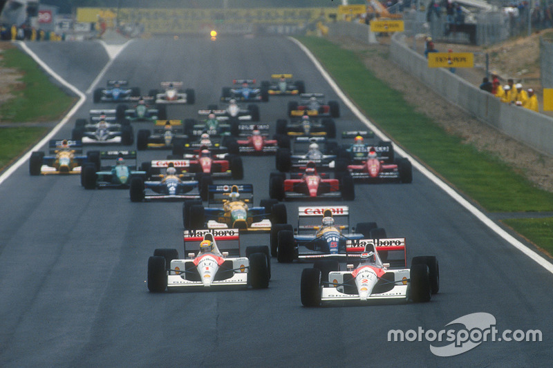 Gerhard Berger, McLaren MP4/6 Honda precede Ayrton Senna, McLaren MP4/6 Honda, Nigel Mansell, Williams FW14 Renault, Michael Schumacher, Benetton B191 Ford, Riccardo Patrese Williams FW14 Renault, Jean Alesi, Ferrari 643 alla partenza