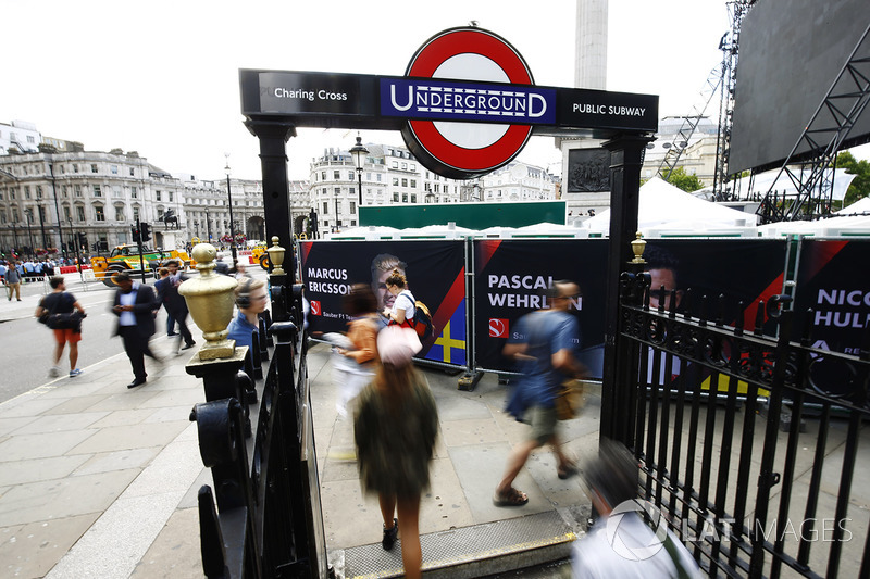 Banners for Marcus Ericsson, Sauber, Pascal Wehrlein, Sauber, Nico Hulkenberg, Renault Sport F1 Team, outside the Charing Cross Underground entrance
