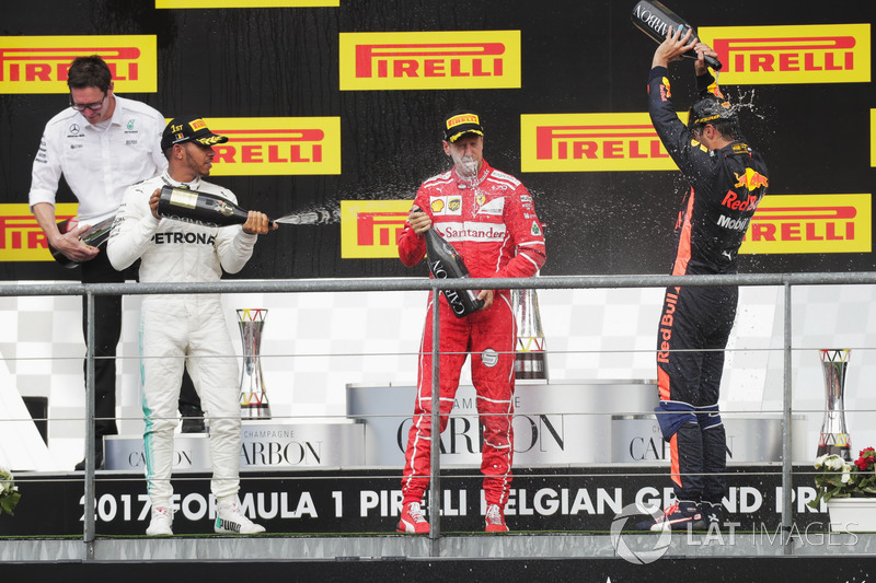 Podium: second place Sebastian Vettel, Ferrari, Race winner Lewis Hamilton, Mercedes AMG F1, third place Daniel Ricciardo, Red Bull Racing
