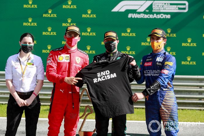 Podio: tercer lugar Lando Norris, McLaren, ganador Valtteri Bottas, Mercedes-AMG Petronas F1 y segundo lugar Charles Leclerc, Ferrari