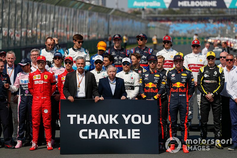 Drivers, team personnel and FIA members gather to pay tribute to the late Charlie Whiting, Race Director, FIA