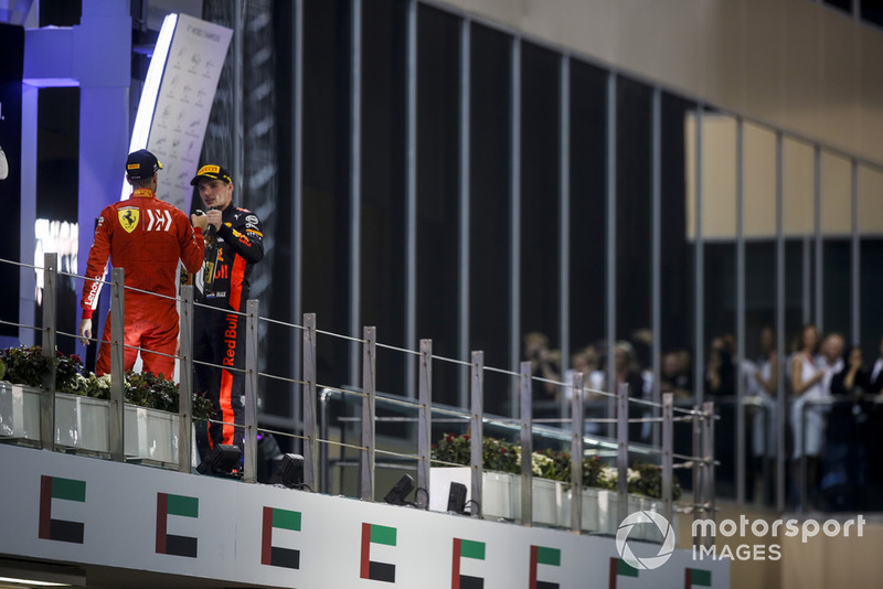 Sebastian Vettel, Ferrari e Max Verstappen, Red Bull Racing, festeggiano sul podio