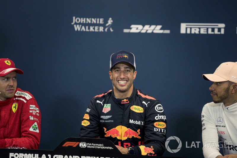 Sebastian Vettel, Ferrari, Daniel Ricciardo, Red Bull Racing ve Lewis Hamilton, Mercedes-AMG F1, basın toplantısı