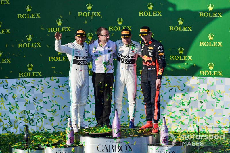 Podyum: 2. Lewis Hamilton, Mercedes AMG F1, yarış galibi Valtteri Bottas, Mercedes AMG F1, 3. Max Verstappen, Red Bull Racing