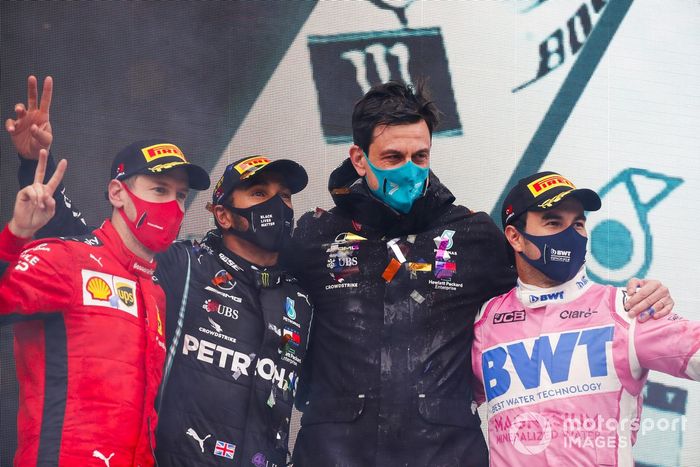 Sebastian Vettel, Ferrari, Race Winner Lewis Hamilton, Mercedes-AMG F1, Toto Wolff, Executive Director (Business), Mercedes AMG and Sergio Perez, Racing Point celebrate on the podium