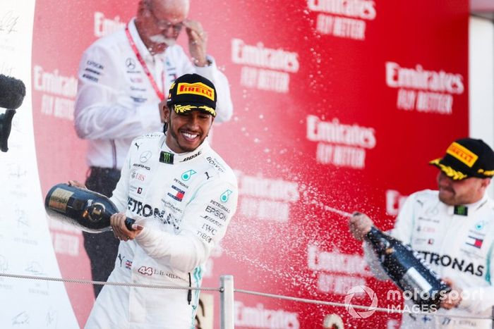 Lewis Hamilton, Mercedes AMG F1, 1st position, celebrates with Champagne on the podium